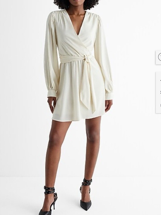 Express Dresses & Skirts - Express Cream V-Neck Surplice Long Sleeve Tie Waist Mini Dress